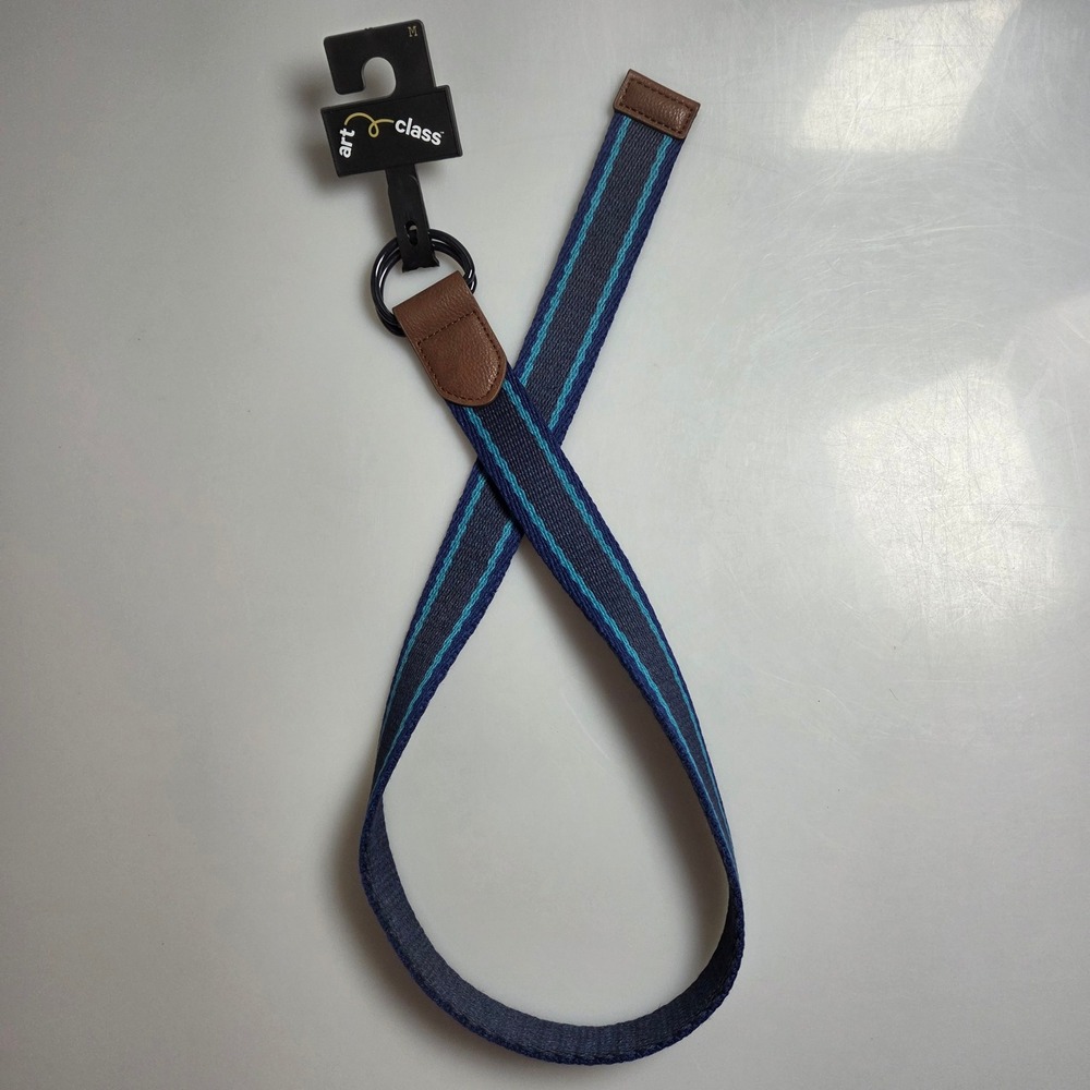Art Class Boys Striped‎ Webbed D-Ring Belt Navy Blue Brown Trim Size Medium NWT